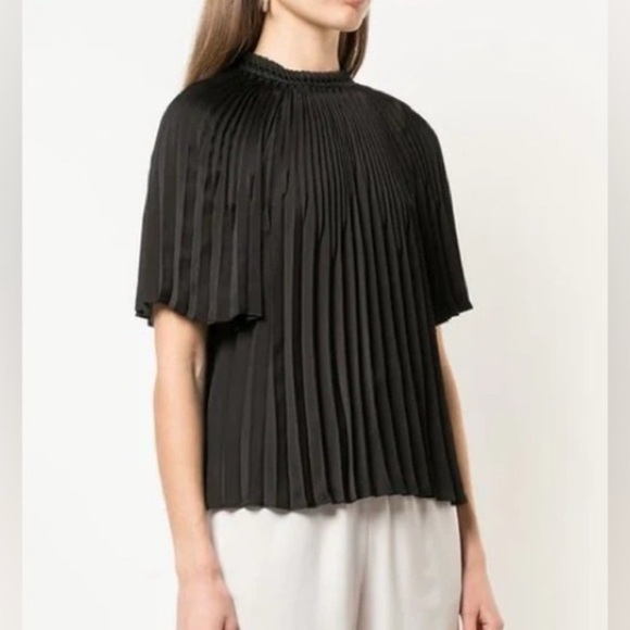 Vince Pleated Smocked Top Small black flowy blouse short sleeve crew office work - Picture 1 of 15